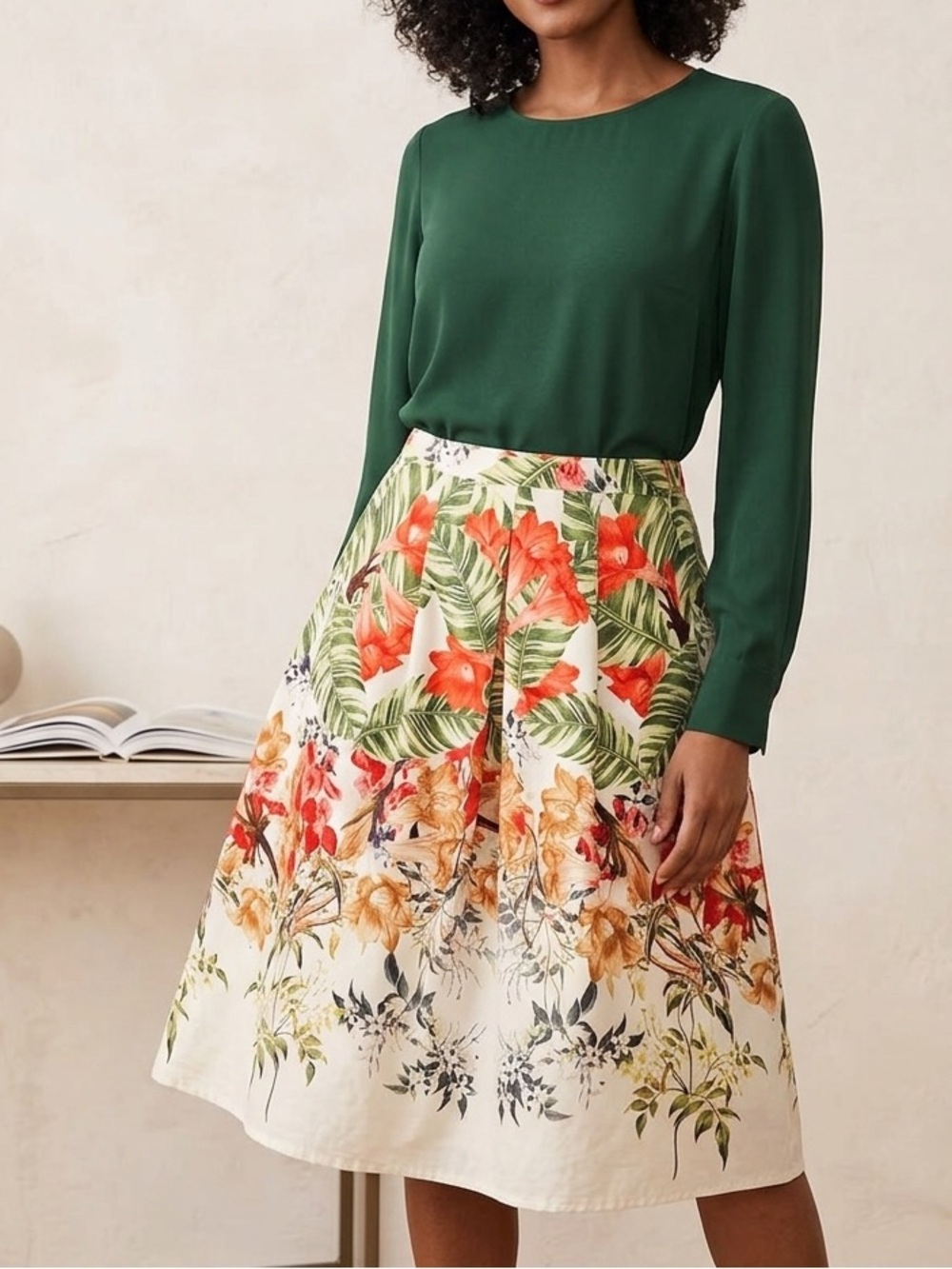 🔥$10 FINAL PRICE🔥Talbots Tropical Floral Print Cotton A-Line Pleated Knee Lengt🧡